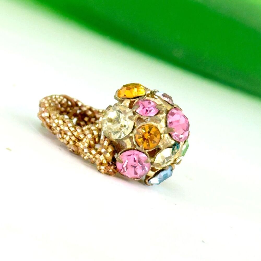 Vintage Cluster Ring Gold Tone Woven Stretchable Colorful Rhinestone Cluster - Picture 2 of 5